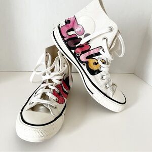 Women’s LE Converse Girls Unite in Red, Pink, Gold White High-Tops, Floral Tread